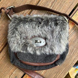Vintage Faux Fur & Wool Fossil Small Crossbody Bag